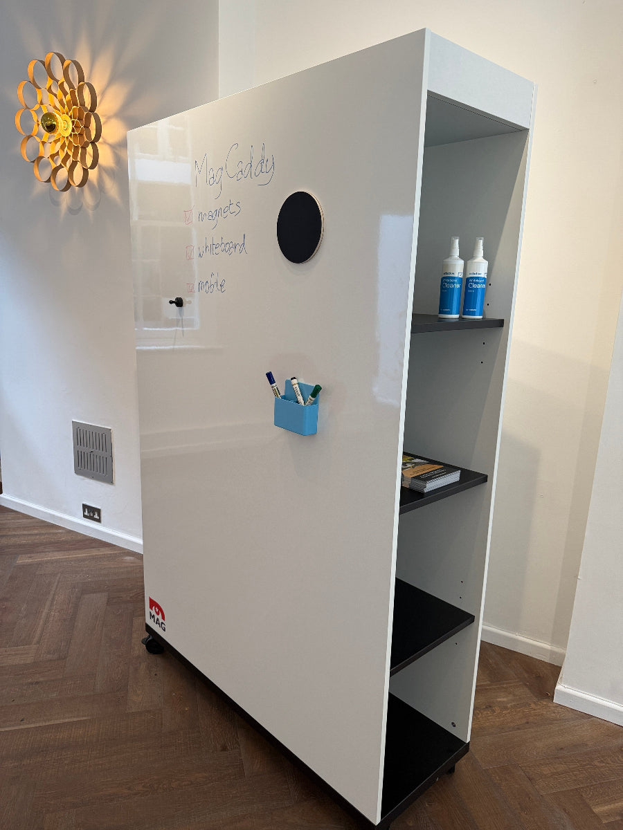 MagCaddy showing dry erase writing and magnets in storage unit.