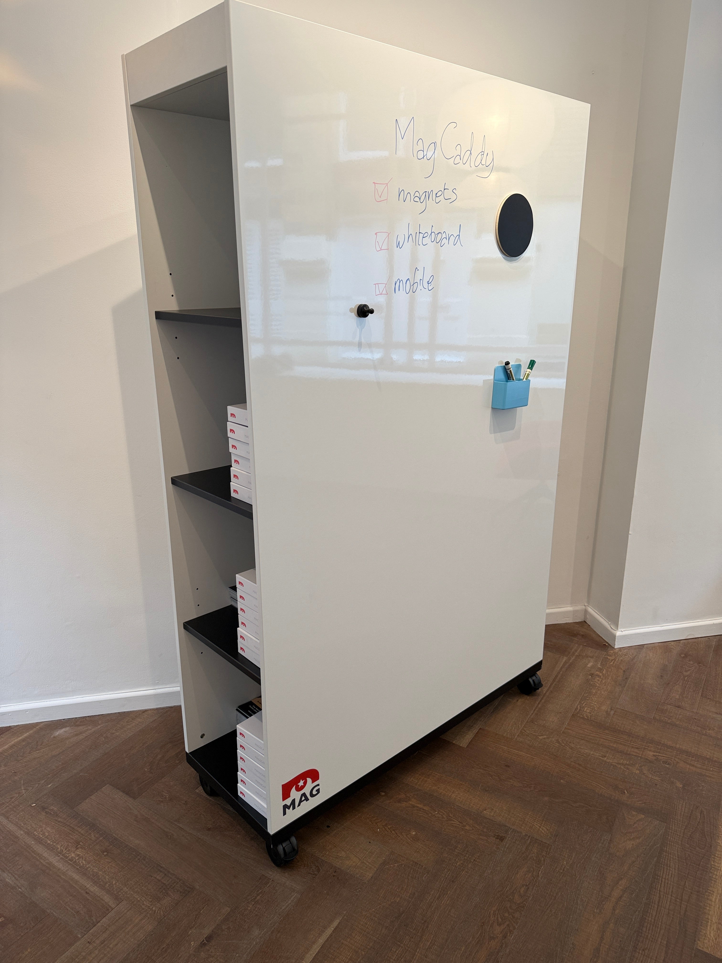 MagCaddy™ Mobile Magnetic Whiteboard on Wheels with Storage