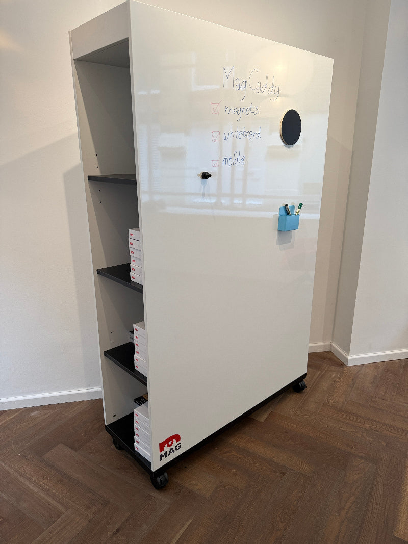 White mobile magnetic dry erase display stand on a wooden floor.